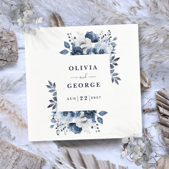 Elegant Land Blommigt Bröllop Napkin Pappersservett (Navy Blue Elegant Country Floral Wedding Napkin)