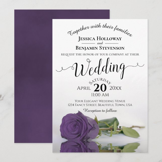 Elegant Långemmad Amethyst Lila Ro Bröllop Inbjudningar (Fram/baksida)