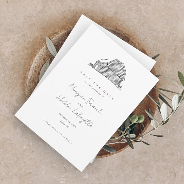 Elegant lantbröllop svart och vitt rustik bröllops spara datumet (Rustic hand-drawn black and white barn elegant wedding save the date.)