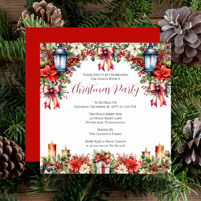 Elegant Lanternor | Ljusljus Blommigt Jul Party Inbjudningar (Vintage Elegant Lanterns and Candles, Poinsettias, Holly and Berries Floral Christmas Party Invite)