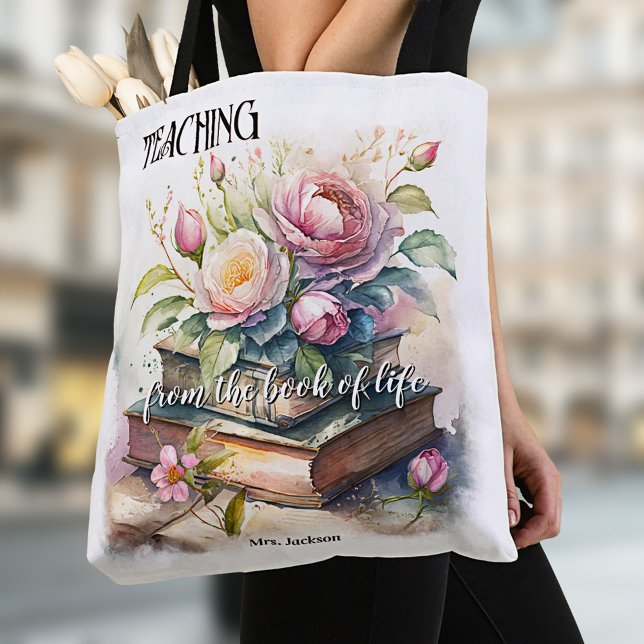Elegant Lärare i Watercolor Bokar Tygkasse (Tote bag featuring a fine art watercolor painting of books with roses - teacher - book club)