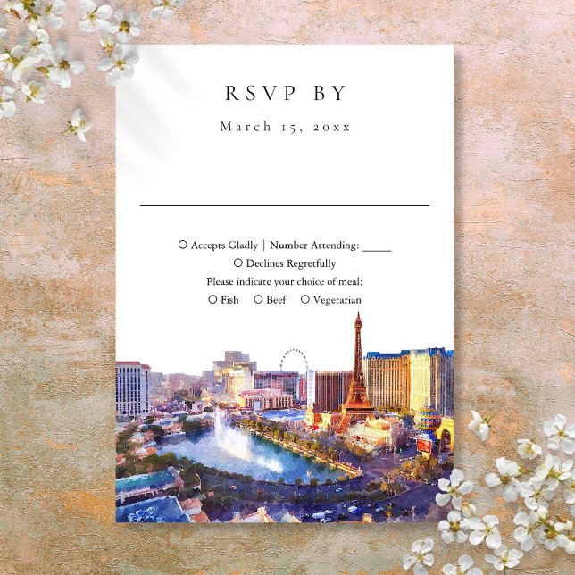 Elegant Las Vegas-skyline Vattenfärg Bröllop OSA Kort (Elegant Las Vegas Skyline Watercolor Wedding RSVP Card)