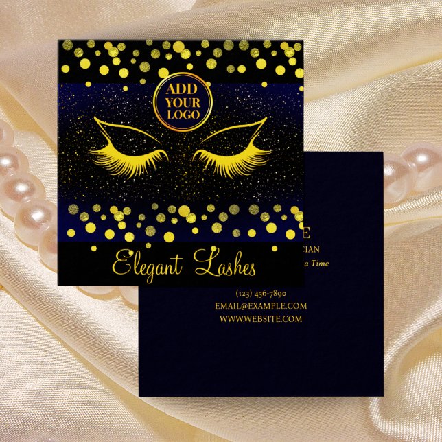 Elegant Lash Artist Affärskort Navy & Guld Fyrkantigt Visitkort (Skapare uppladdad)