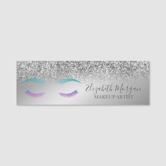 Elegant Lash,Silver Glitter Bokeh Makeup-artist Namnbricka (Framsida)