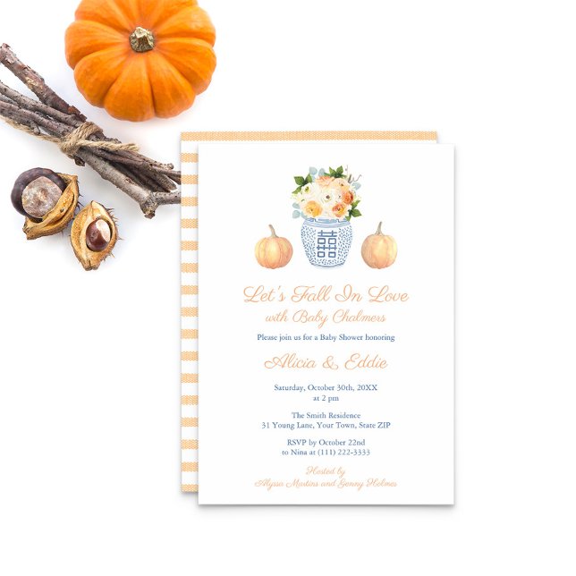 Elegant Låt oss sjunka i Kärlek Pumpkins Baby Show Inbjudningar (Let's Fall In Love With Baby with this elegant invite featuring pumpkins and fall flowers)