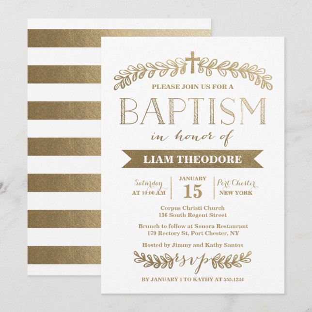 Elegant Laurels Guld | Baptisminbjudan Inbjudningar (Fram/baksida)