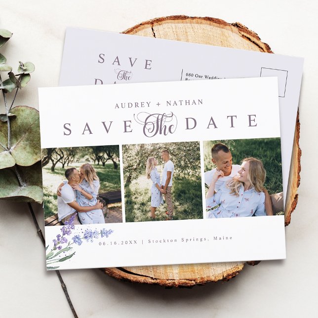 Elegant Lavendel 3 Bilder Spara Datum Meddelande Vykort (Elegant Lavender 3 Photos Save The Date Announcement Postcard)