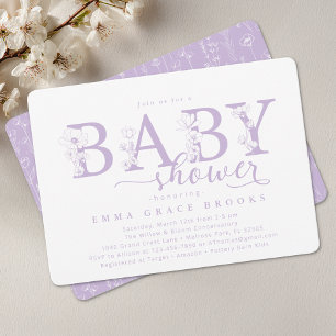 Elegant Lavendel Blommig Baby Shower Typografi Inbjudningar