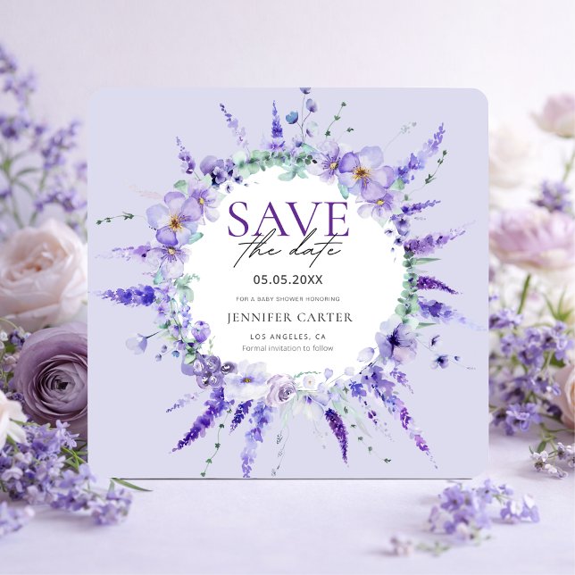 Elegant Lavendel Blommig Babyfirande Spara Datum Inbjudningar (Skapare uppladdad)