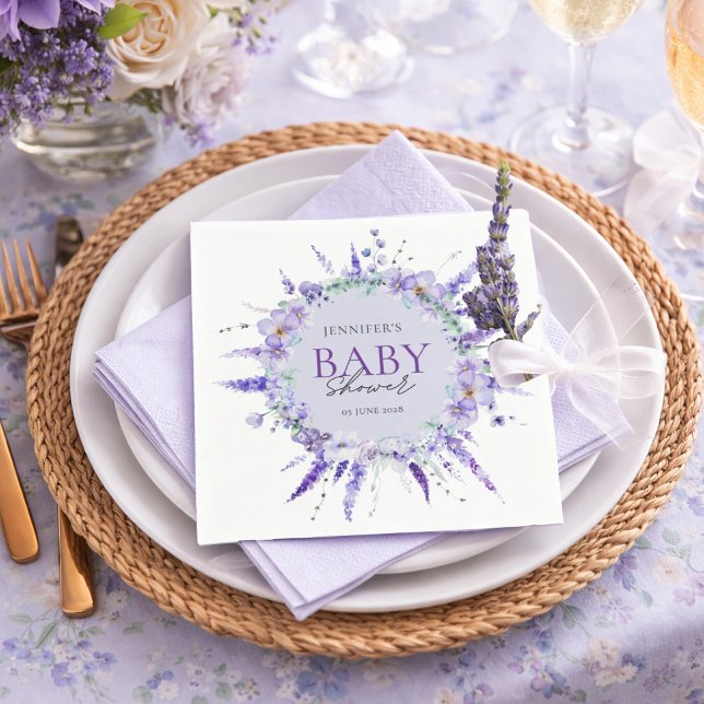 Elegant Lavendel Blommig Bebis Bebisfest Vattenfär Pappersservett (Skapare uppladdad)