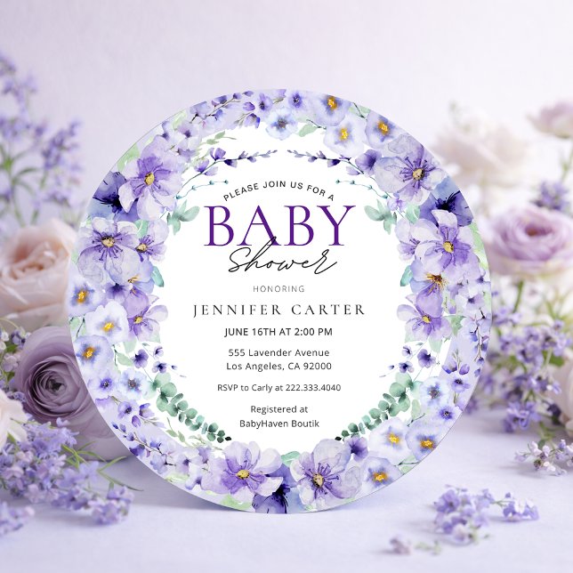 Elegant Lavendel Blommig Bebis-fest Lila Inbjudningar (Skapare uppladdad)