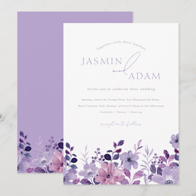 Elegant Lavendel Blommig Bröllop Inbjudningar (Fram/baksida)