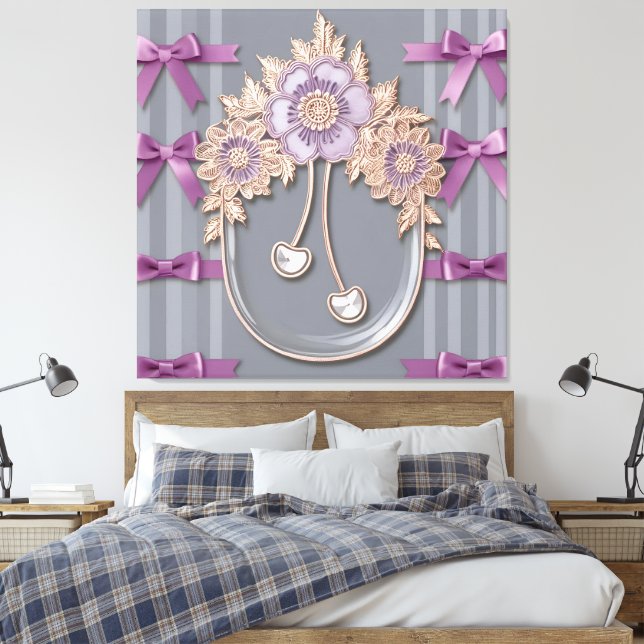 Elegant Lavendel Blommig Kam och Satinbåge Glam Canvastryck (Insitu (sovrum))