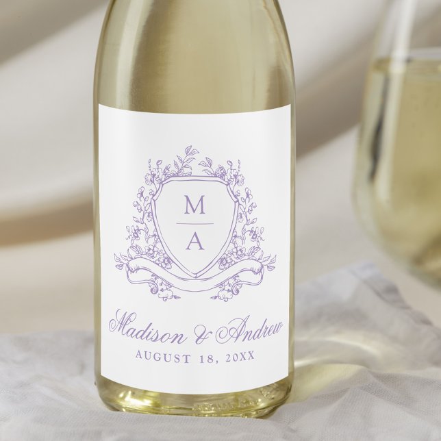 Elegant Lavendel Blommig Krön Monogram Bröllop Vinflaska Etikett (Skapare uppladdad)