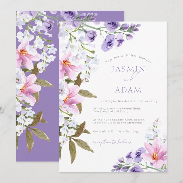 Elegant Lavendel Blommig Monogram Bröllop Inbjudningar (Fram/baksida)
