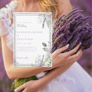 Elegant Lavendel Blommig och Lövbröllop Inbjudningar