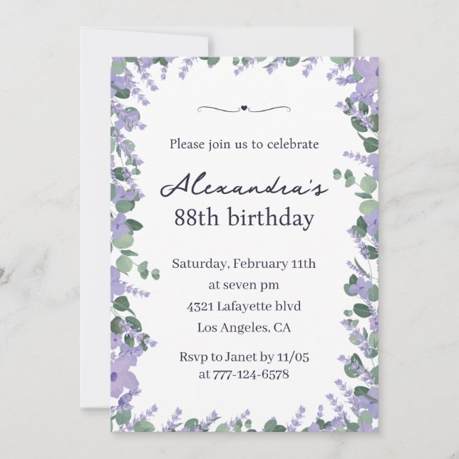 Elegant Lavendel Blommig Ram 88-årsdag Inbjudningar (Framsida)