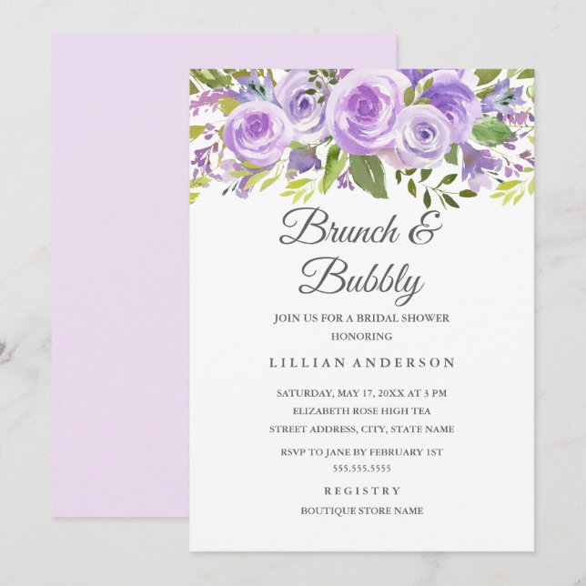 Elegant Lavendel Blommig Ros Brunch Och Bubbly Inbjudningar (Fram/baksida)