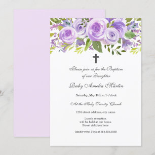 Elegant Lavendel Blommig Ros Dop Invitation Inbjudningar