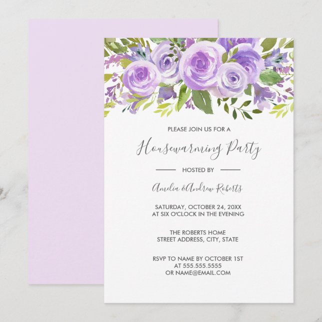 Elegant Lavendel Blommig Ros Husuppvärmning Inbjudningar (Fram/baksida)