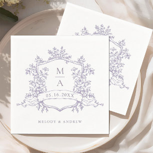 Elegant Lavendel Blommig Vapen Monogram Bröllop Pappersservett