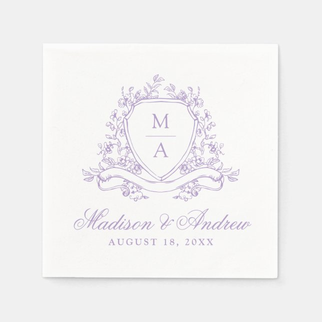 Elegant Lavendel Blommig Vapen Monogram Bröllop Pappersservett (Framsidan)
