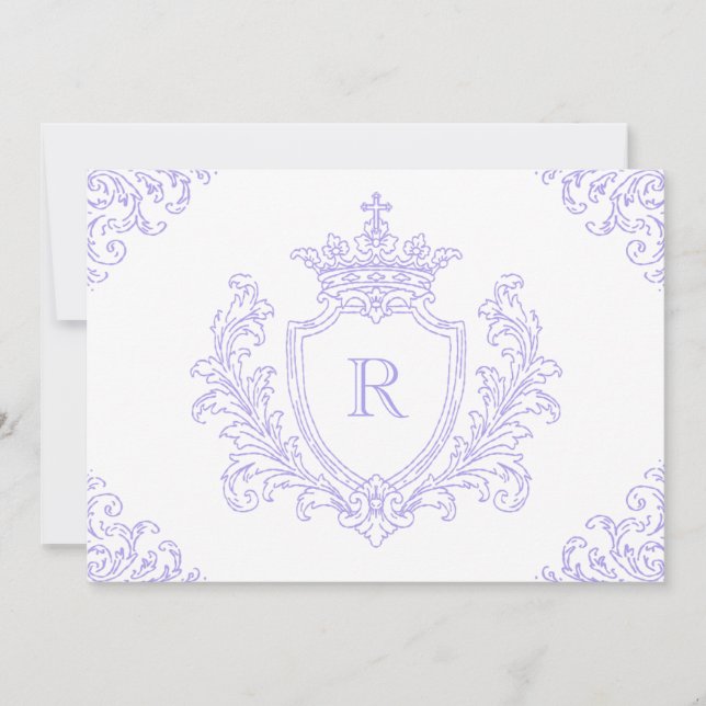 Elegant Lavendel Heraldisk Krest Monogram Dop Inbjudningar (Framsida)
