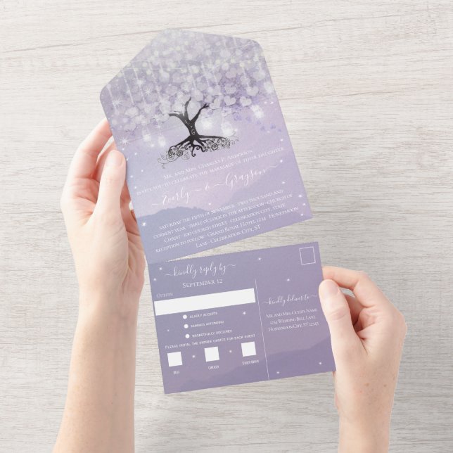 Elegant Lavendel Lila Hjärtblad Träd Bröllop (Avrivbar del)