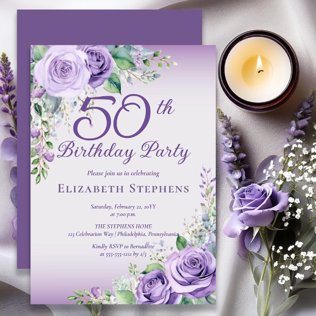 Elegant Lavendel Lila Ros Blommig 50-årsdag Inbjudningar (Elegant lavender watercolor roses for a sophisticated purple 50th milestone birthday celebration.)