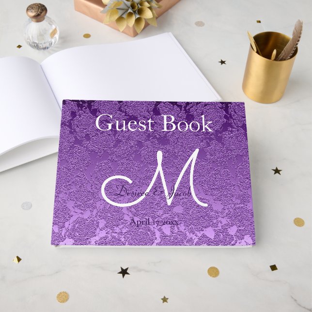 Elegant Lavendel Lila Vit Burgunder Monogram Gästböcker (Framsida Öppen)