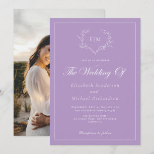 Elegant Lavendel Monogram Toppskydd Bröllopsfoto Inbjudningar