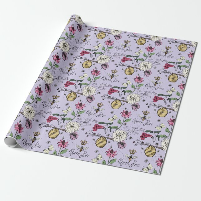 Elegant Lavendel Morsdags Drottningbee och Blommor Presentpapper (Utrullad)