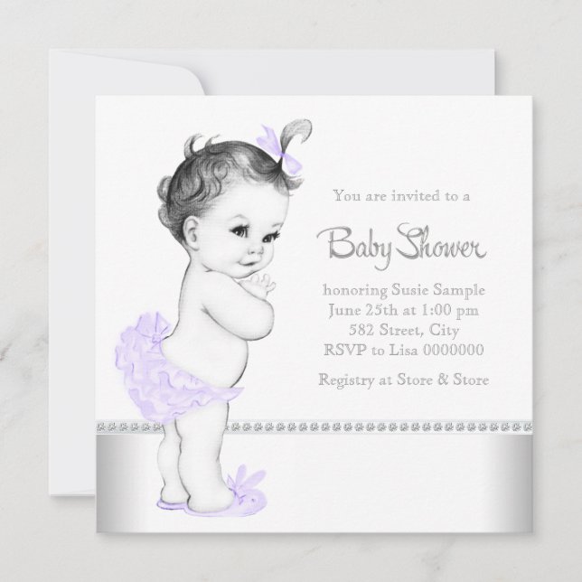 Elegant Lavendel och Silver Baby Shower Inbjudningar (Framsida)