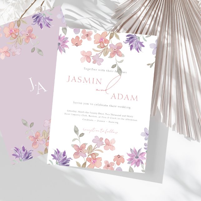 Elegant Lavendel Rosenskär Vildblomma Monogram Brö Inbjudningar (Elegant Lavender & Pink Wildflowers Wedding Invitation)