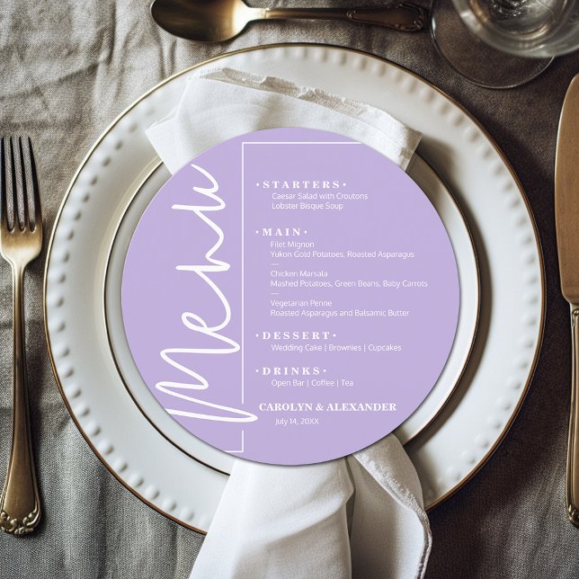 Elegant Lavendel Rund Meny (Chic lavender round menu with your choices in white lettering. )