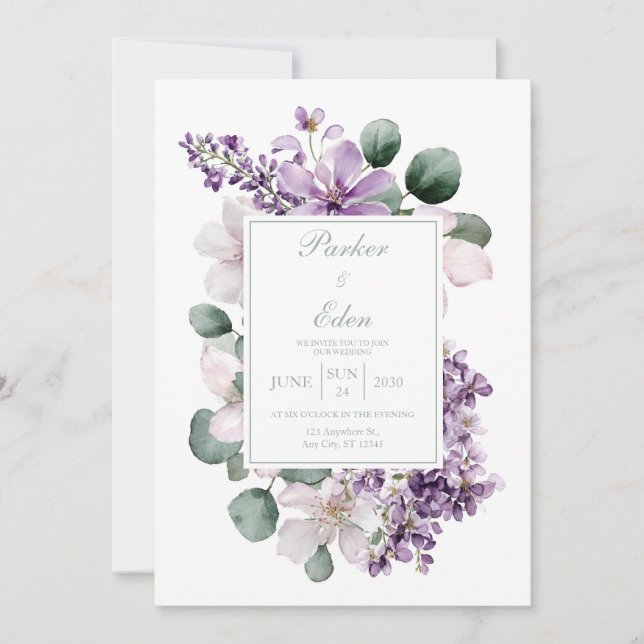 Elegant Lavendel Syren Eukalyptus Akvarell Inbjudningar (Framsida)