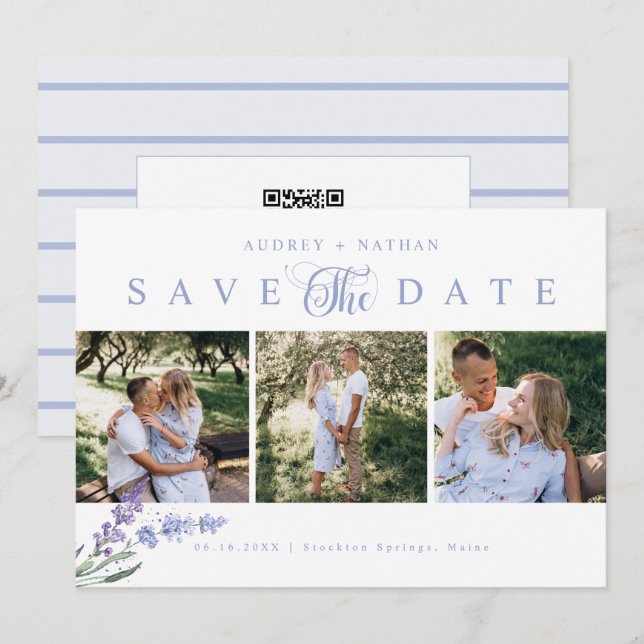 Elegant Lavendelblomma 3 Foto QR-kod Spara Datumet (Fram/baksida)