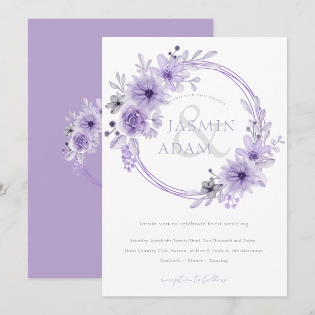 Elegant Lavendelblomma Monogram Bröllop Inbjudningar (Fram/baksida)