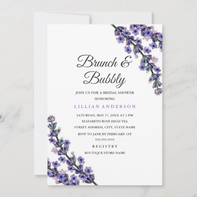Elegant Lavendelbrunch och bubblig bröllopsdusch Inbjudningar (Framsida)