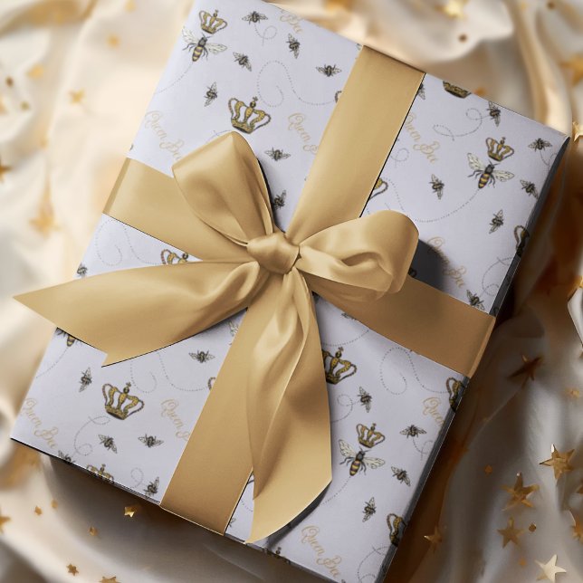 Elegant lavendelbrusande drottningbi och guldkrona presentpapper (Chic Lavender Buzzing Queen Bees and Royal Crowns with the Gold Hand-Written Text, "Queen Bee". 
)