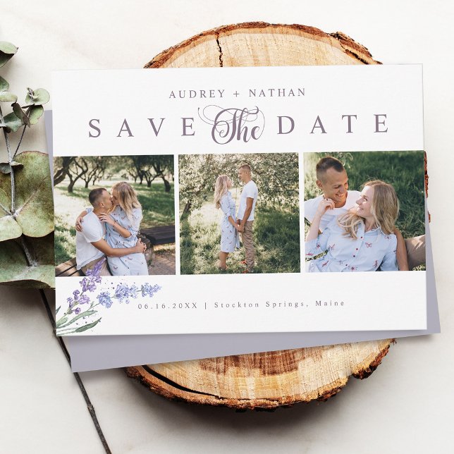 Elegant Lavender 3 Photo Spara Datumet (Elegant Lavender 3 Photo Save The Date Card)
