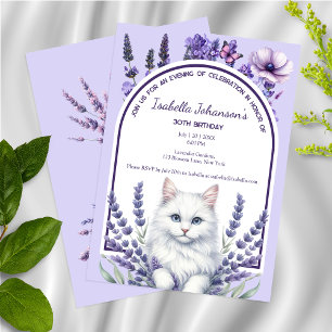 Elegant Lavender and White Cat Birthday Inbjudningar