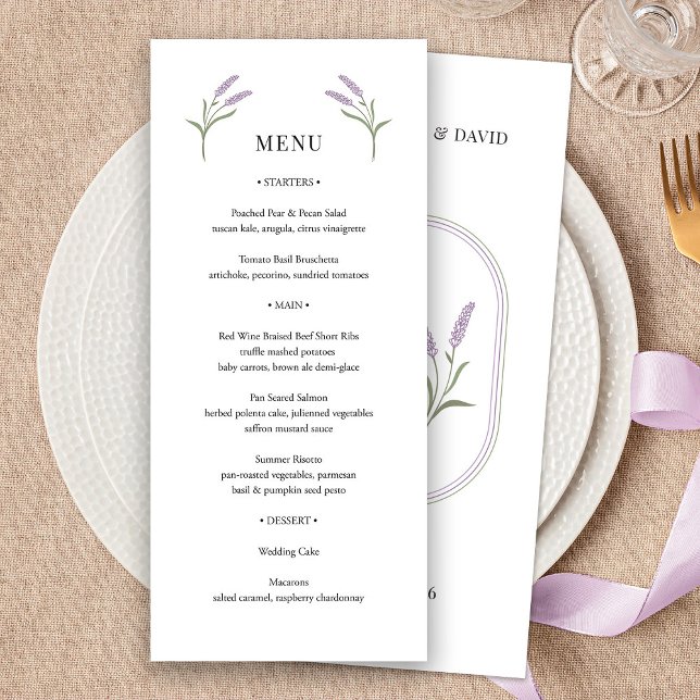 Elegant Lavender Blommigt Bröllop Menu Meny (Elegant Lavender Floral Wedding Menu by Fiesta Valley Print)
