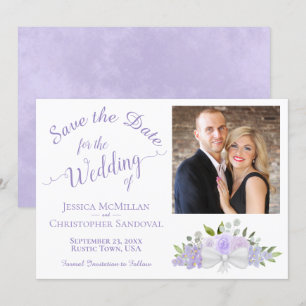 Elegant Lavender Blommigt Calligraphy Photo Bröllo Spara Datumet