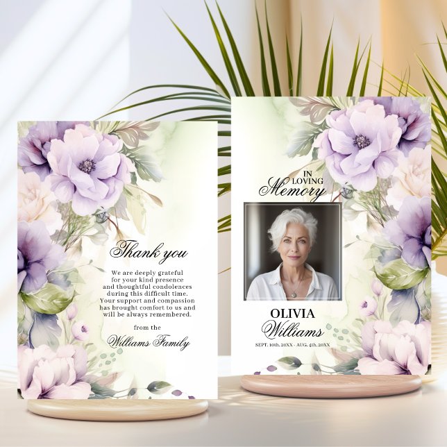 Elegant Lavender Blommigt Funeral Tack | FOTO Kort (Feminine Lavender Funeral Thank You  PHOTO Card | In Loving Memory)