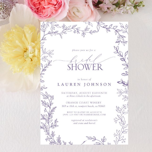 Elegant Lavender Blommigt Löv Möhippa Inbjudningar (Bridal Shower Invitation)