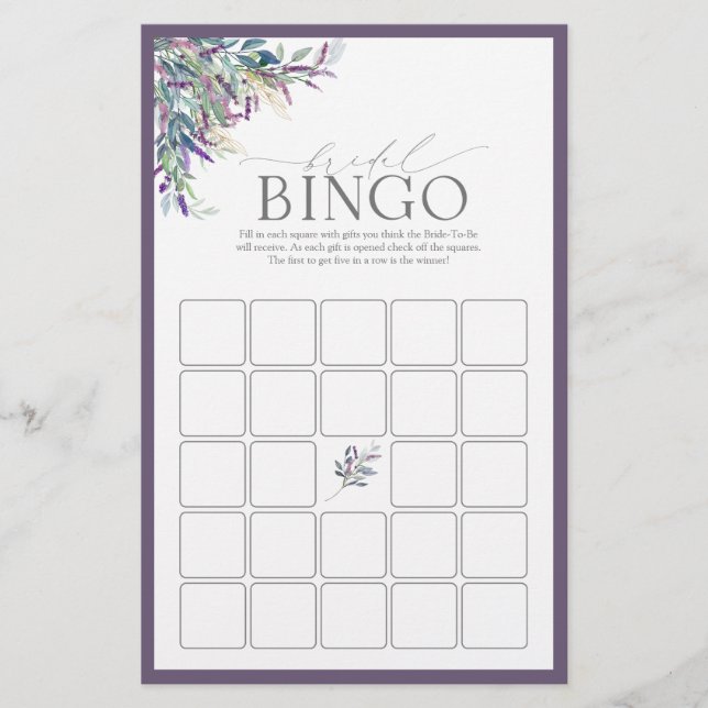 Elegant Lavender Blommigt Möhippa Bingo Game (Framsida)