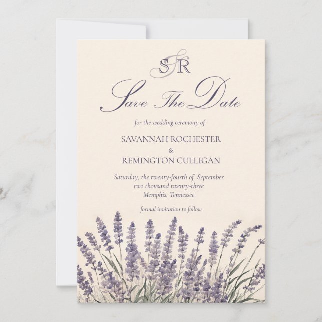 Elegant Lavender Blommigt Monogram Photo QR-kod Spara Datumet (Framsida)