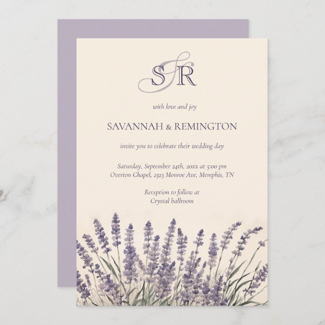 Elegant Lavender Blommigt Monogrammed Bröllop Inbjudningar (Fram/baksida)