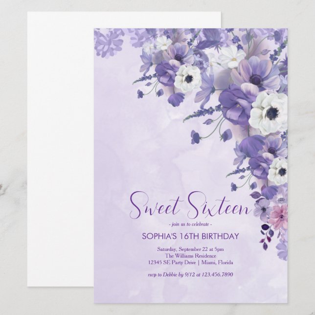 Elegant Lavender Blommigt Sweet sixteen Inbjudningar (Fram/baksida)